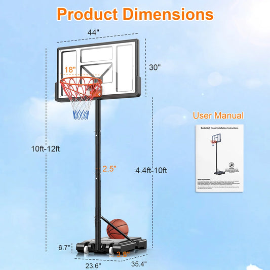 44" Portable Basketball Hoop System, 4.4-10 Ft Height Adjustable Basketball Goal System with Wheels and Shatterproof Backboard and Large Base for Adults Kids Outdoor Indoor Court