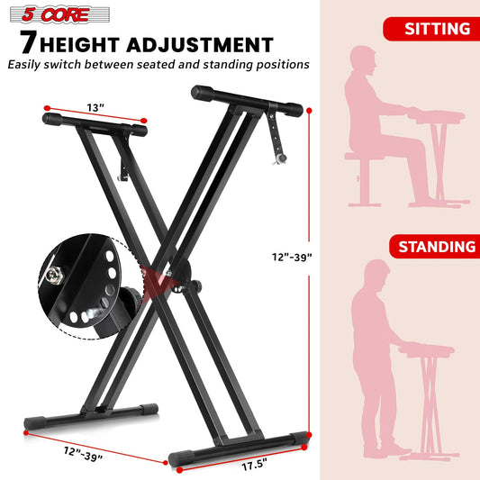5Core Keyboard Stand Double X Style Adjustable Lift Piano Riser For 49 To 88 Keys BLACK-1